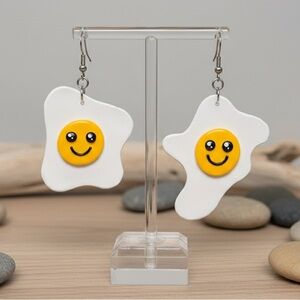Smiley Fried Egg Dangle - Handmade Earrings - Yellow & White